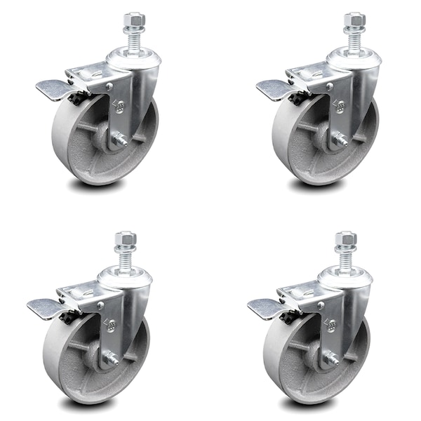 Semi Steel Swvl TS Caster w/RB w/5" Wheel&3/8" Stem-4 Swvl w/TTL BRK, 4PK